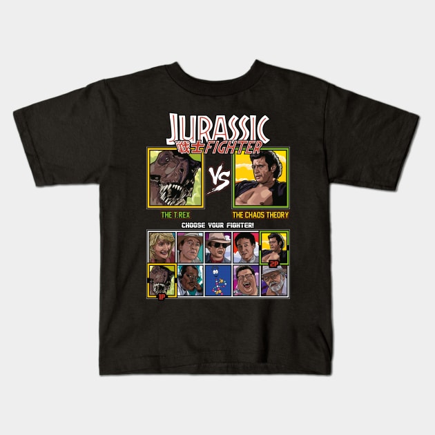 Jurassic Park Fighter - T.Rex vs Ian Malcolm Kids T-Shirt by RetroReview